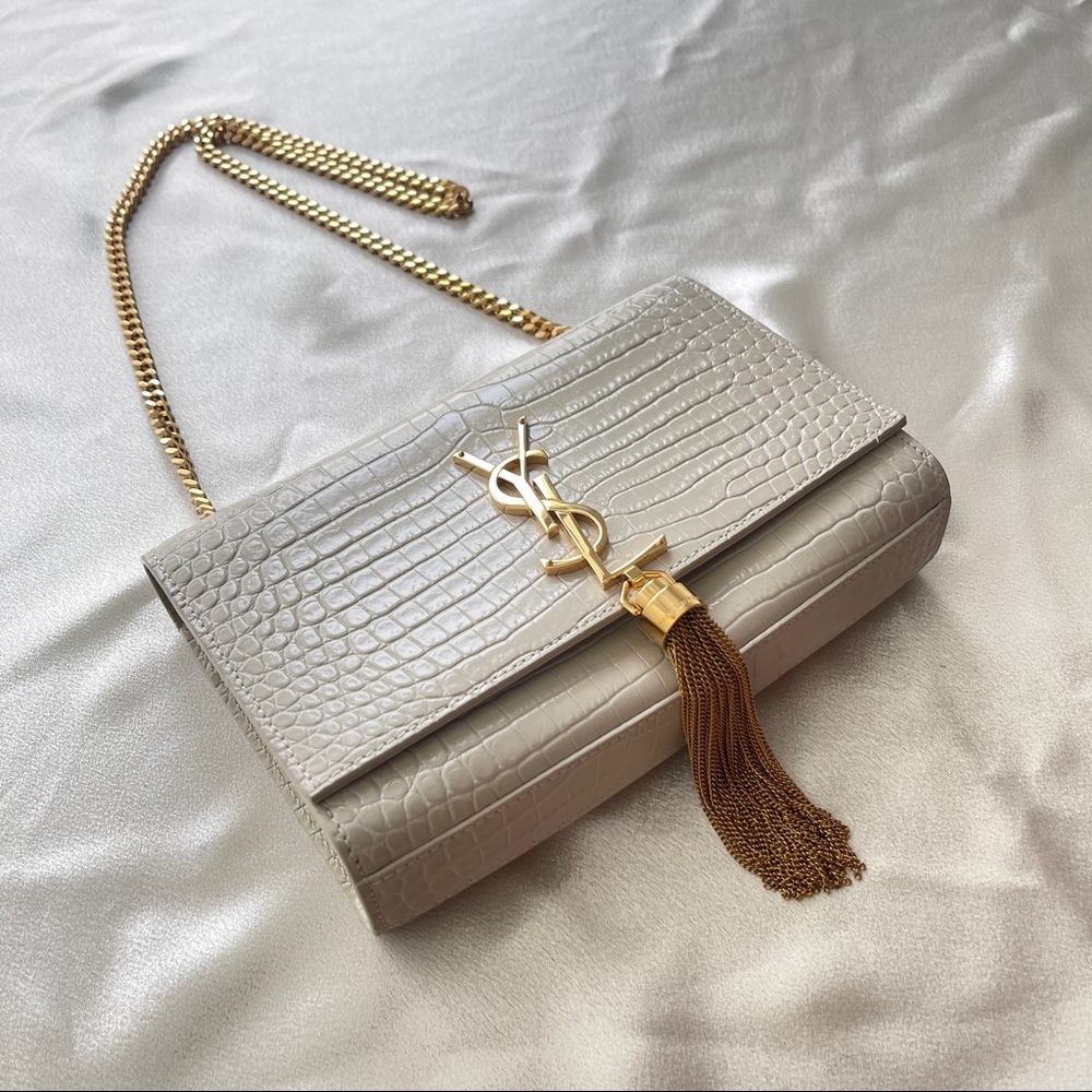 YSL SAINT LAURENT Kate Small Chain Bag with tassel in crocodile-embossed leather